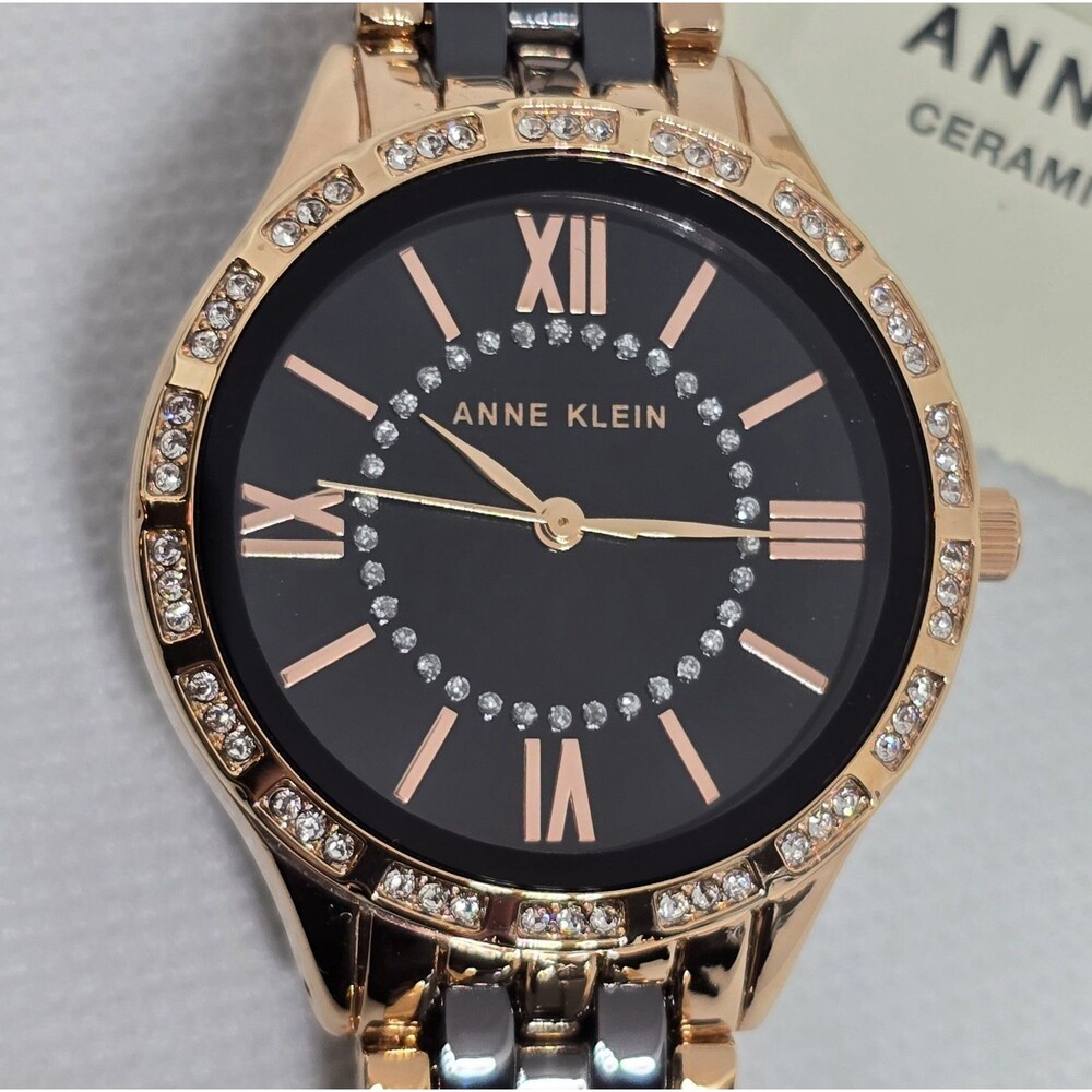 Womens Anne Klein Black Rose Gold Tone Crystal Dial Ceramic Watch AK/3548BKRG 13 - Picture 7 of 10